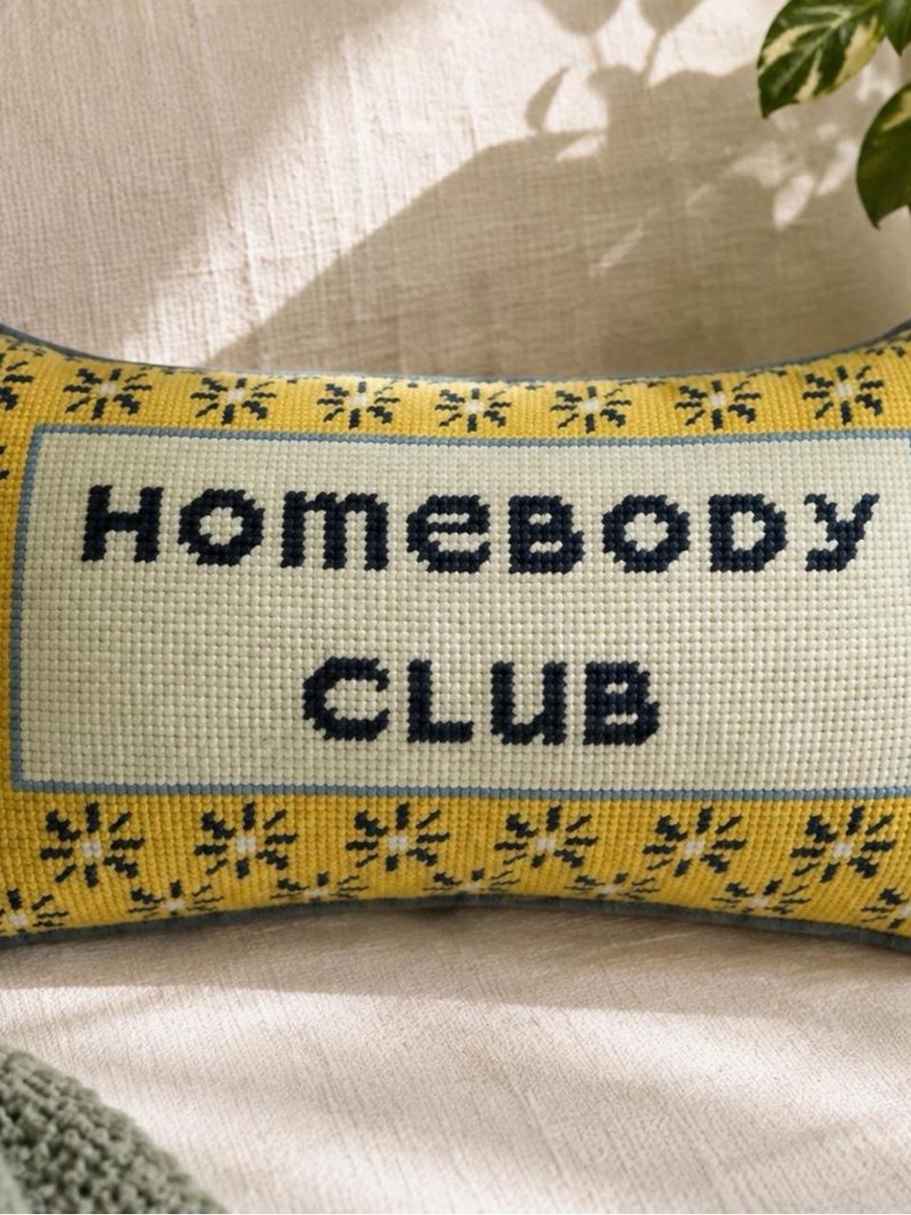 Homebody Club Needlepoint Lumbar Accent Pillow Yellow Blue NWT